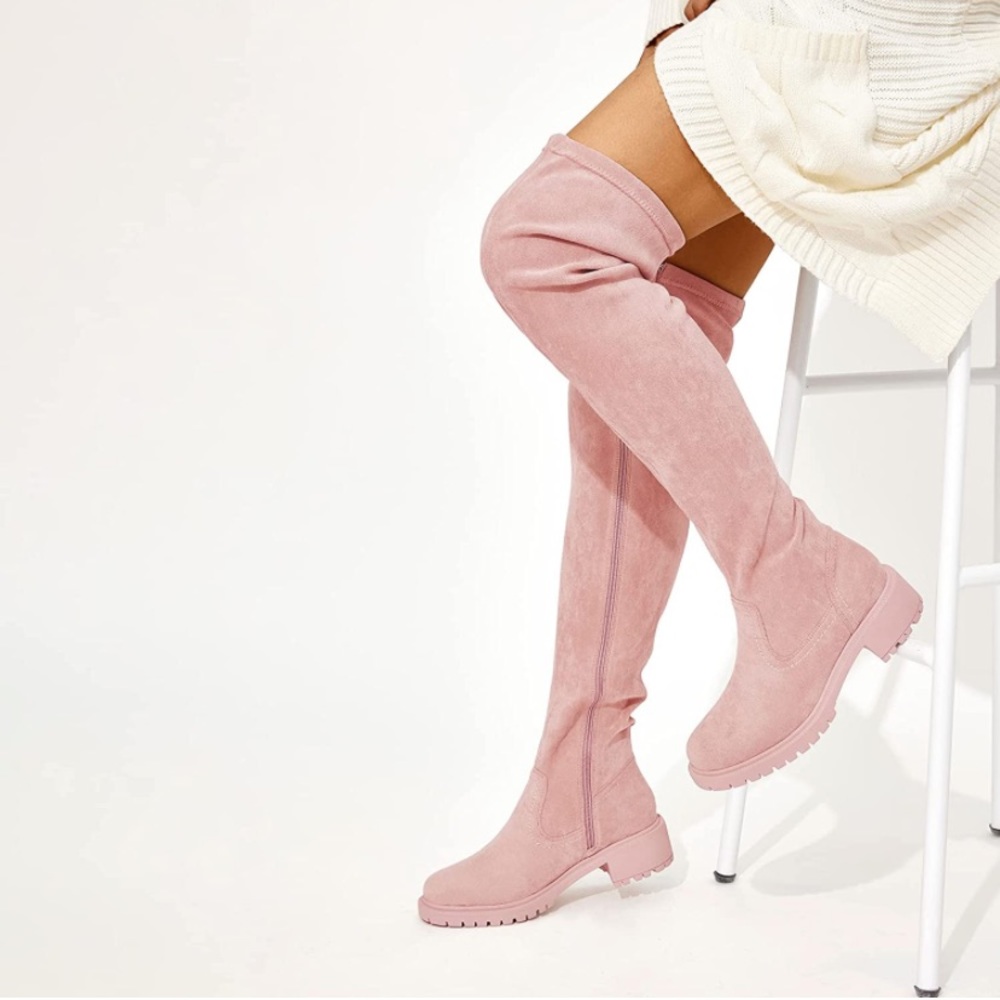 Light Pink  Suede Over The Knee Boots Round Toe Side Zipper Flat Thigh High - Picture 3 of 5